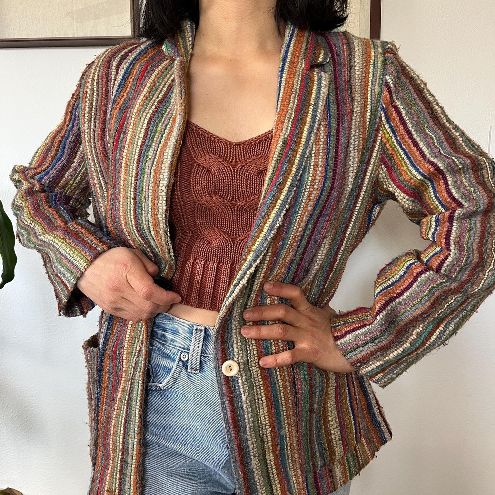Vintage 1970s Woven Stripe Jacket Boho Artisan Textured Blazer‎ Earth Tone